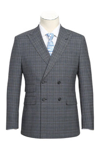 Mens Designer Slim Fit Double Breasted Suit in Light Grey Windowpane Plaid Check