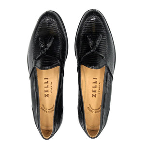 Zelli Franco Genuine Lizard Tassel Loafers in Black with Apron Toe