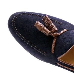 Zelli Naples Suede Loafers with Genuine Crocodile Tassels in Navy