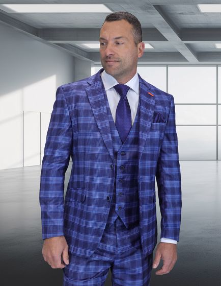 Statement Men’s 3-Piece 100% Wool Modern Fit Suit – Sharp Plaid Patter ...