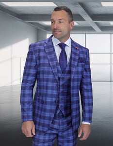 Statement Men’s 3-Piece 100% Wool Modern Fit Suit – Sharp Plaid Pattern